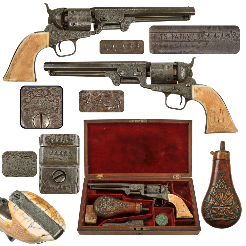 Original U.S. Gustave Young Factory Engraved Colt Model 1851 Navy .36cal Percussion Revolver with Mexican Eagle Carved Ivory Grip in Custom Case with Accessories - Matching Serial 44483 Original Items