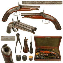 Original British Victorian Excellent James Purdey 16 Bore Double Barrel Howdah Pistol in Period Case with Accessories - circa 1835
