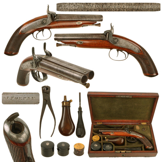 Original British Victorian Excellent James Purdey 16 Bore Double Barrel Howdah Percussion Pistol in Custom Case with Accessories - circa 1835 Original Items