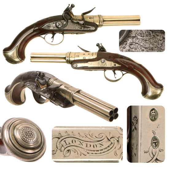 Original 18th Century British Scarce Engraved Four Barrel Flintlock Volley Pistol by Joseph Hunt of London - Circa 1770 Original Items