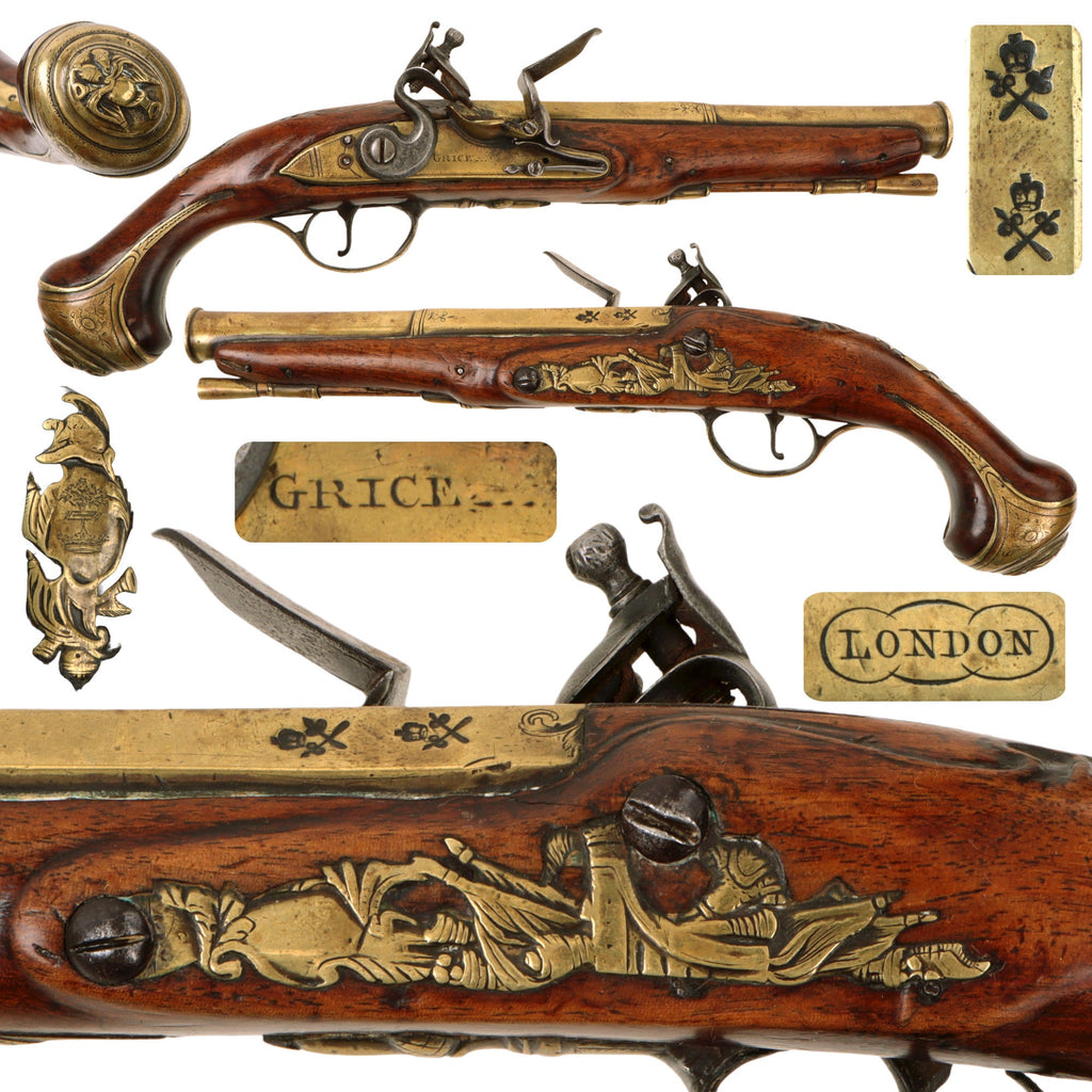 Original 18th Century British Brass Barrel Flintlock Pistol Pistol by Grice with Engraved Brass Fittings - Circa 1770 Original Items