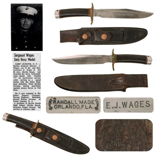 Original U.S. Vietnam War USMC Named & Identified Randall Model 1 APFK “Orlando” Fighting Knife with Original Sheath - Captain Edward J. Wages, Bronze Star Recipient & 3rd Engineer Battalion Squad Leader Original Items