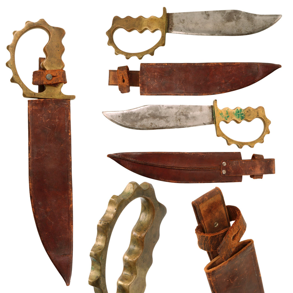 Original U.S. WWII Australian-Made Large Cog Guard Knuckle Bowie Style Fighting Knife With Leather Scabbard Original Items