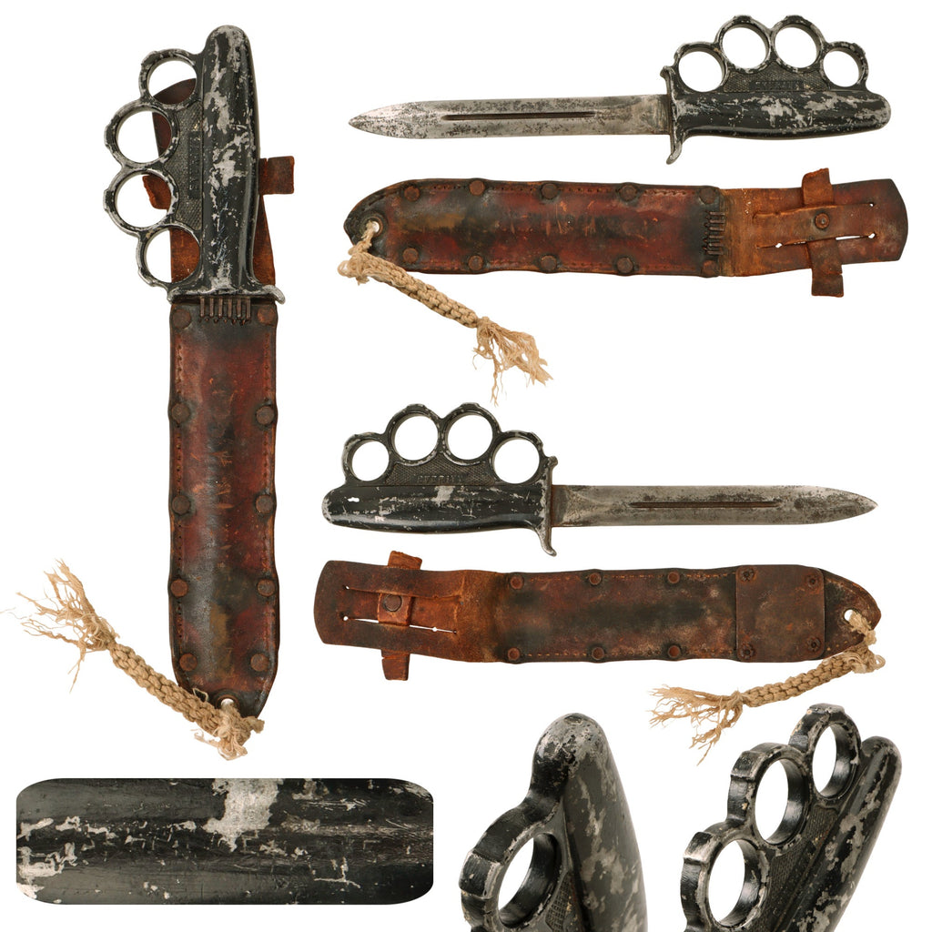 Original Rare U.S. WWII Everitt Black Handle Knuckle Fighting Knife with Scabbard - Named “Warren Shanks” Original Items