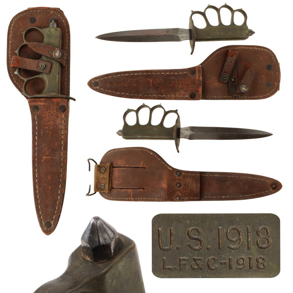 Original U.S. WWI Model 1918 Mark I Trench Knife by L. F. & C. with Custom WWII Leather Sheath Original Items