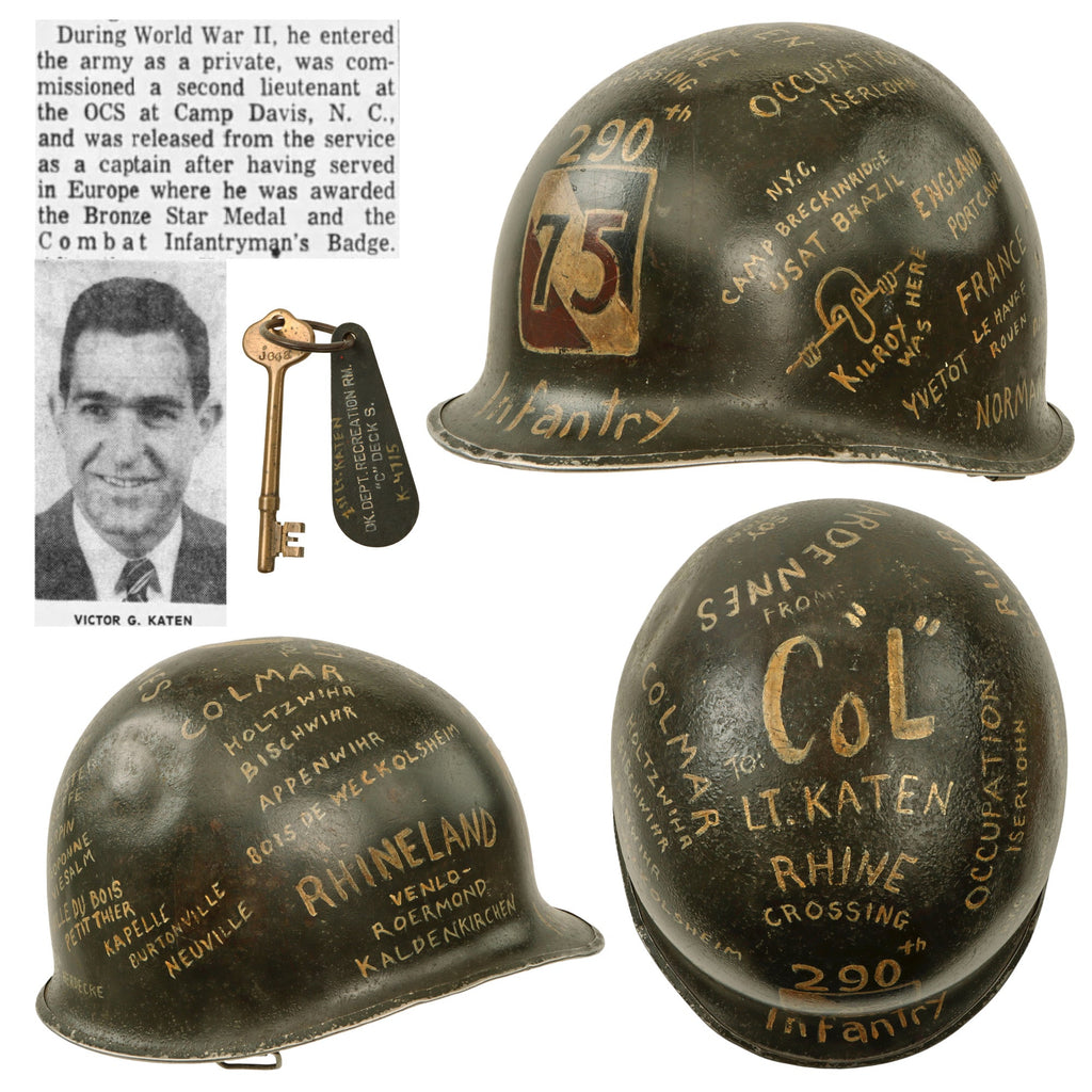 Original U.S. WWII Outstanding Painted 75th Infantry Division Front Seam Swivel Bale McCord M1 Helmet Shell Presented by Co. L, 290th Infantry to Lieutenant Victor Katen with “Kilroy Was Here” & Key From S.S. Brazil - Bronze Star Recipient Original Items