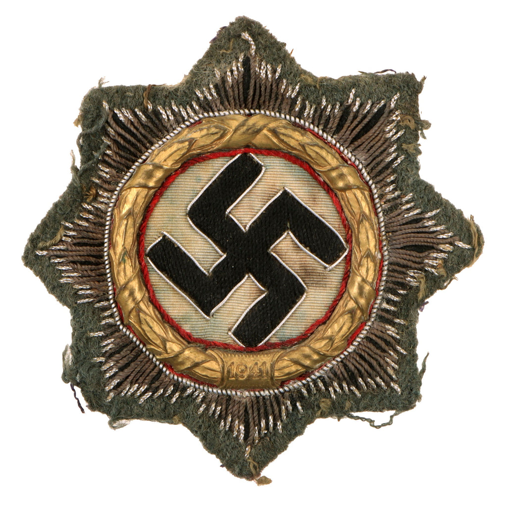 Original German WWII Heer Army Gold 1941 German Cross Award Embroidered Cloth Badge in Field Gray - Uniform Cutoff Original Items
