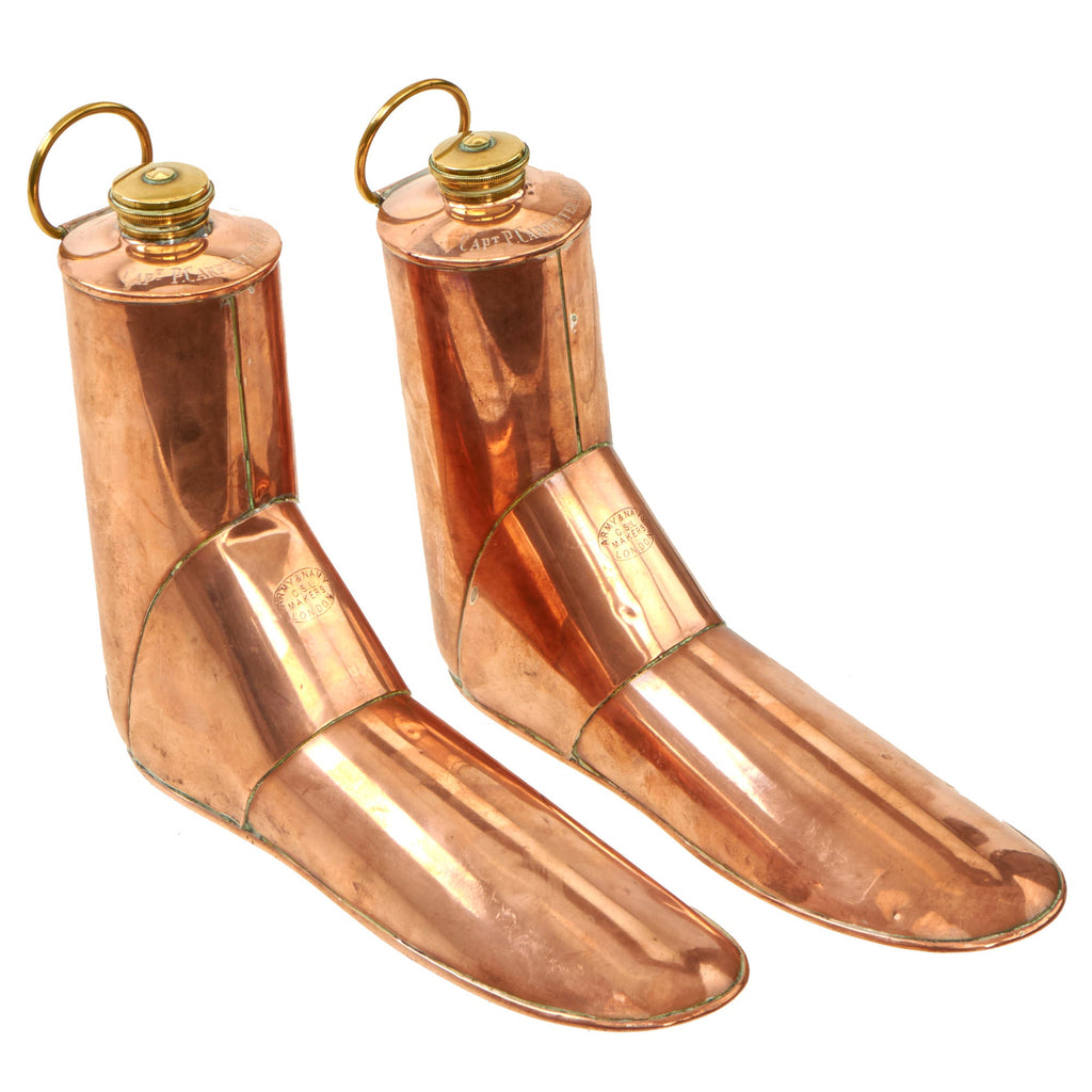 Original British WWII Pair of Copper Boot Warmers / Flasks Named to WWI Flying Ace Capt. P. Carpenter R.F.C. by Army & Navy C.S.L. Original Items