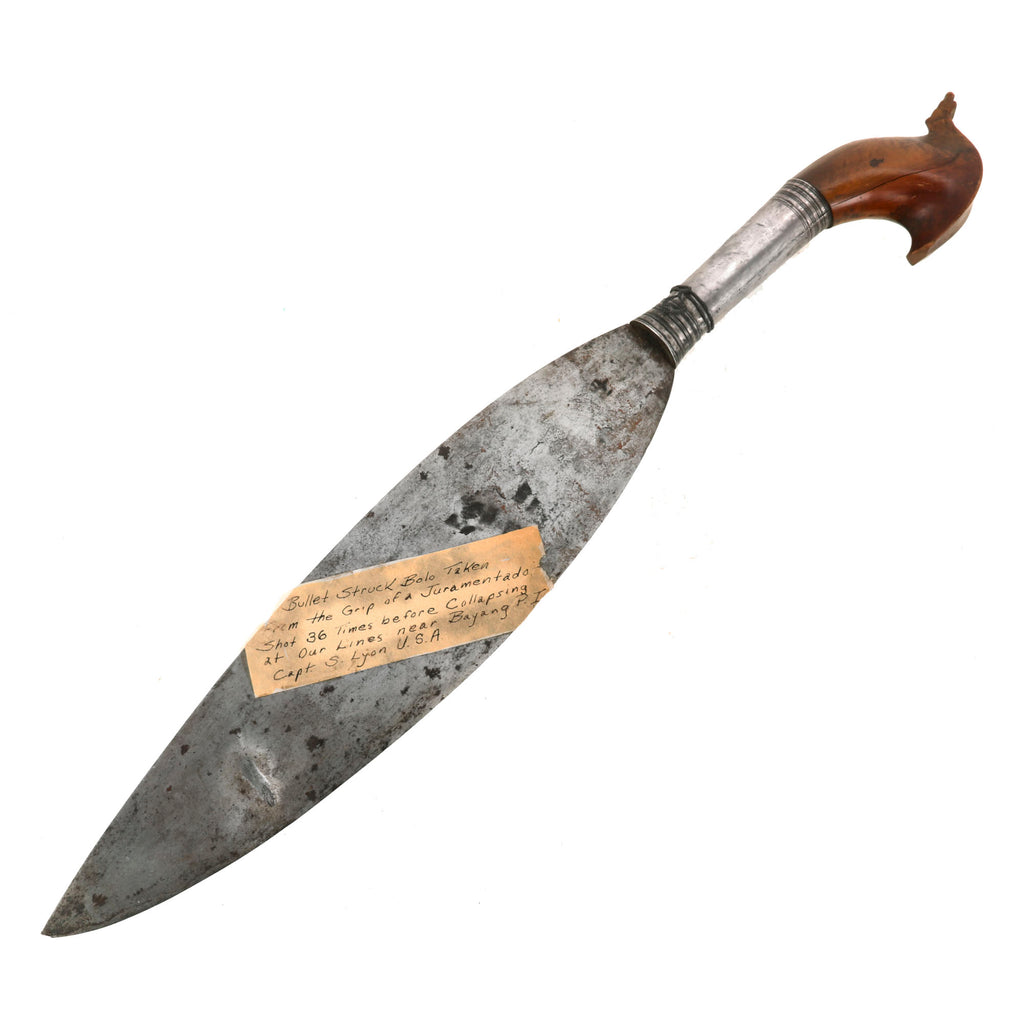Original U.S. Moro Rebellion Philippine Bullet-Struck Juramentado Barong Bolo Machete Captured during Battle of Bayang by Captain Samuel Lyon with Provenance Note Original Items