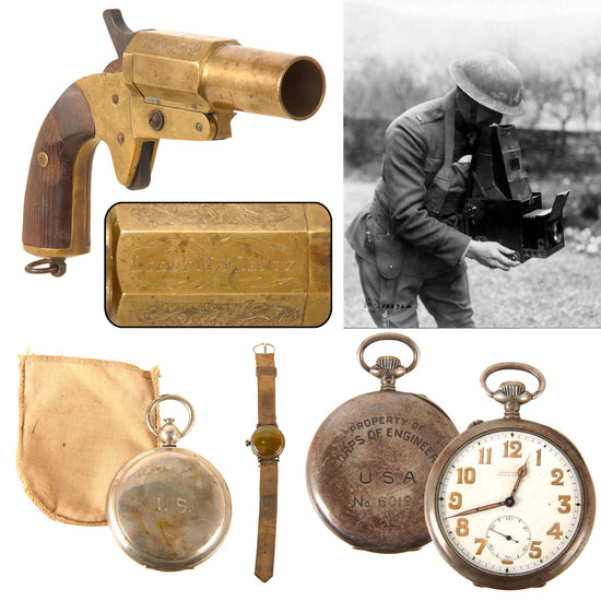 Original U.S. WWI 90th Division Signal Corps Photographer’s Engraved French Model 1917 Flare Pistol, Corps of Engineers Pocket Watch, Compass, and Trench Watch - Lieutenant Meyer Schamberg Lentz, Photographer on Pershing’s Staff Original Items