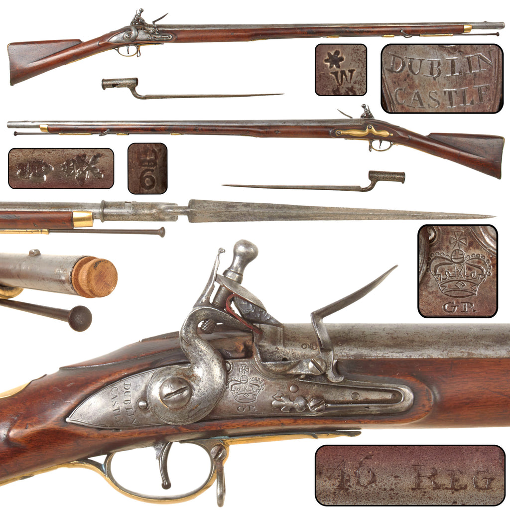 Original British Revolutionary War Era Dublin Castle Short Land Pattern Brown Bess Flintlock Musket Marked to the 46th Regiment of Foot with Socket Bayonet Original Items
