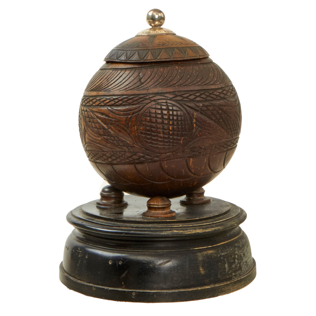 Original British 1778 “Owyhee” HMS Resolution Navy Silver-Mounted “Bugbear” Carved Coconut from First European Contact with Hawaiian Islands - Voyage of Captain James Cook Original Items