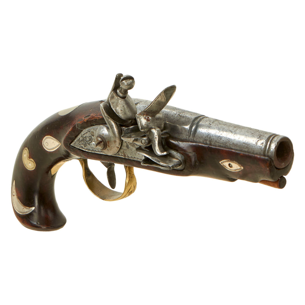 Original U.S. Colonial Era Silver Mounted Flintlock Pocket Pistol with Engraved Brass Trigger Guard - Circa 1780 - 1800 Original Items