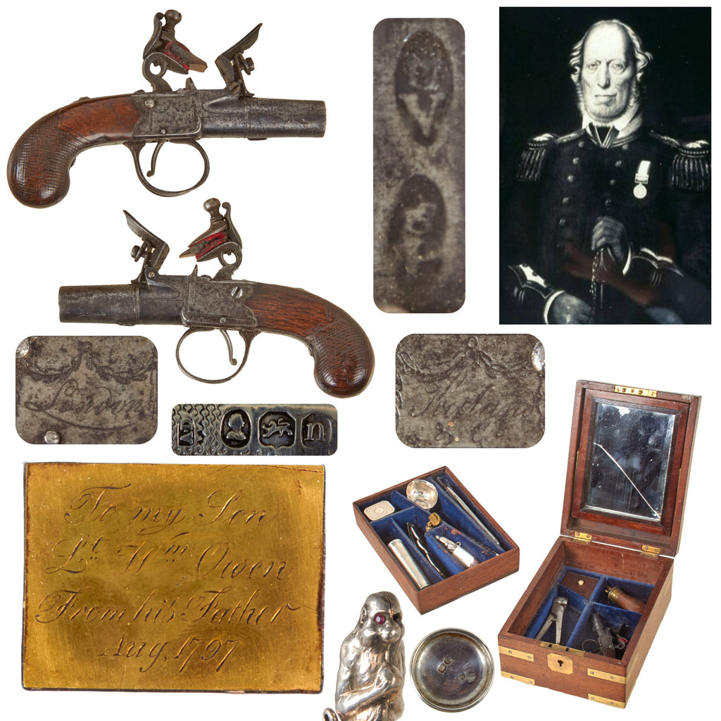 Original British 1797-Dated Napoleonic Naval Officer’s Presentation Personal Effects Box Inscribed to William Fitzwilliam Owen with Flintlock Pistol and Numerous Personalized Accessories