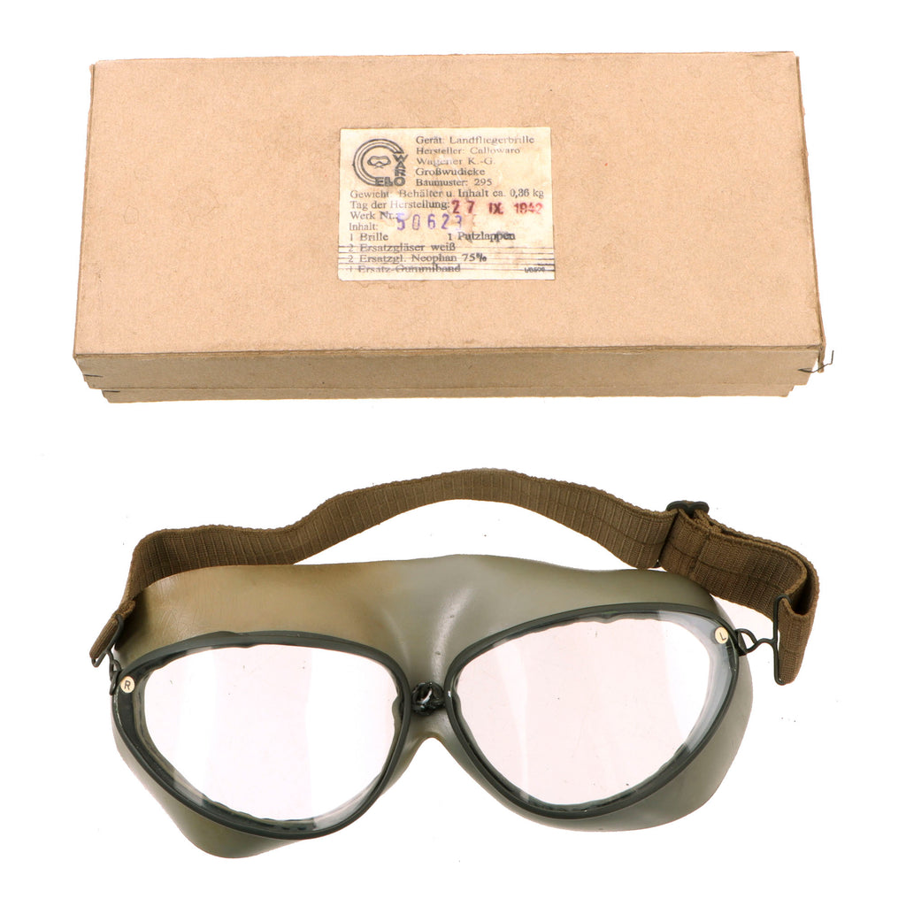 Original German WWII Luftwaffe Baumuster 295 Landfliegerbrille Pilot Goggles with 1942-Dated Callowaro Wagener K.-G. Box - Mima Marked Original Items