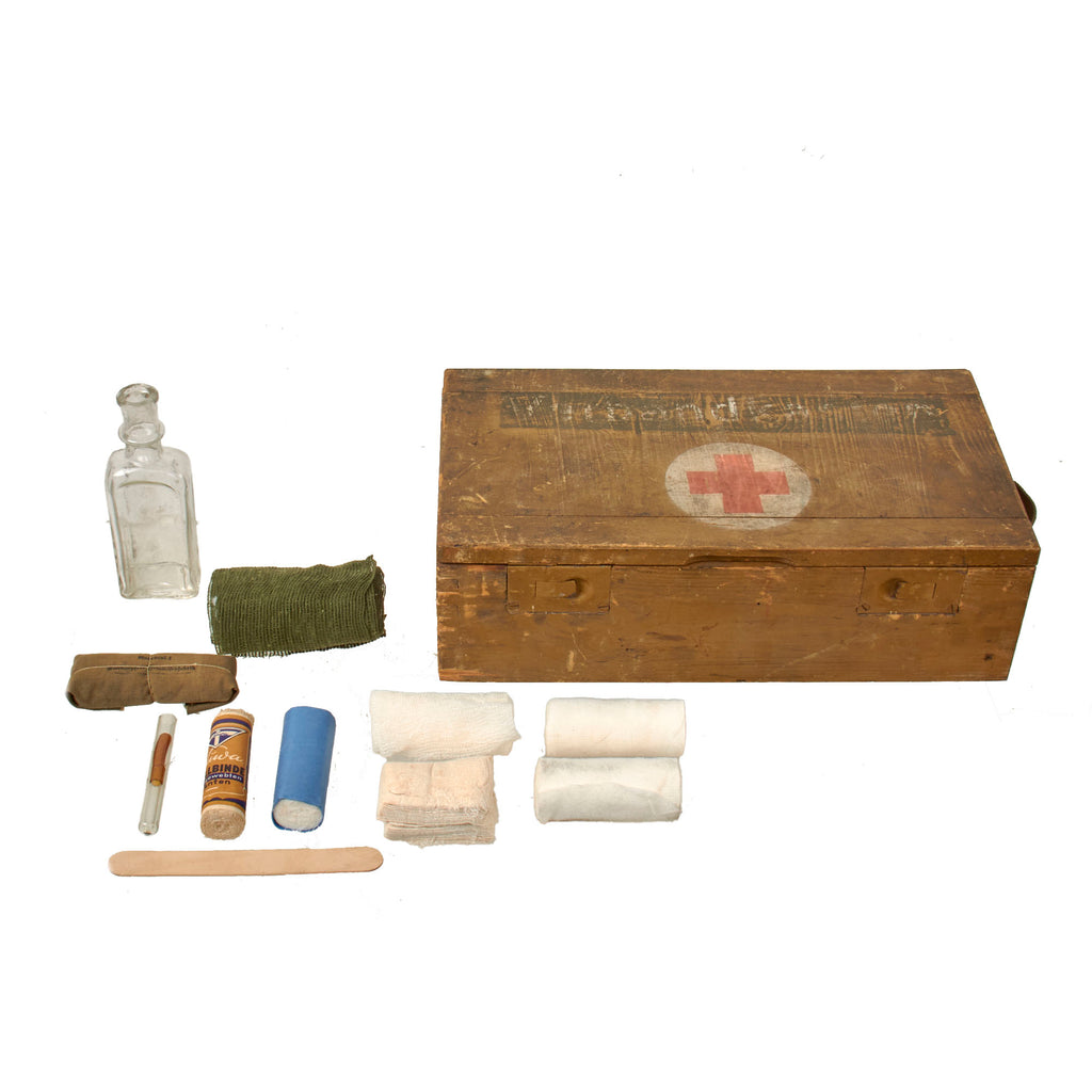 Original German WWII Wehrmacht Verbandkasten Wooden First Aid Chest with Wartime Medical Contents and WaA727 Label Original Items