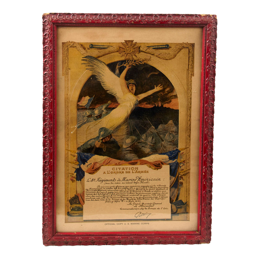 Original U.S. WWI French-Issued 5th Regiment Marine Corps Citation for Battle of Blanc Mont - 14 x 19 ⅞” Original Items