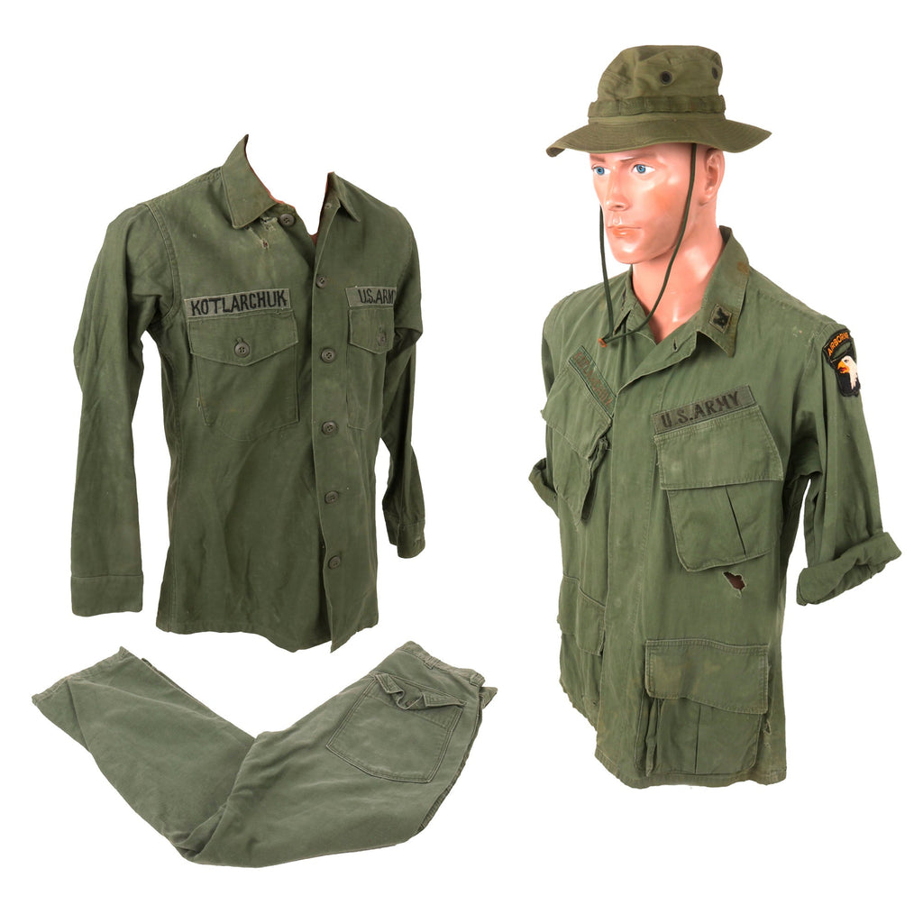Original U.S. Vietnam War 101st Airborne Third Pattern Jungle Fatigue Shirt, OG-107 Utility Shirt, & Boonie Hat Grouping with In-Country Made Insignia Original Items