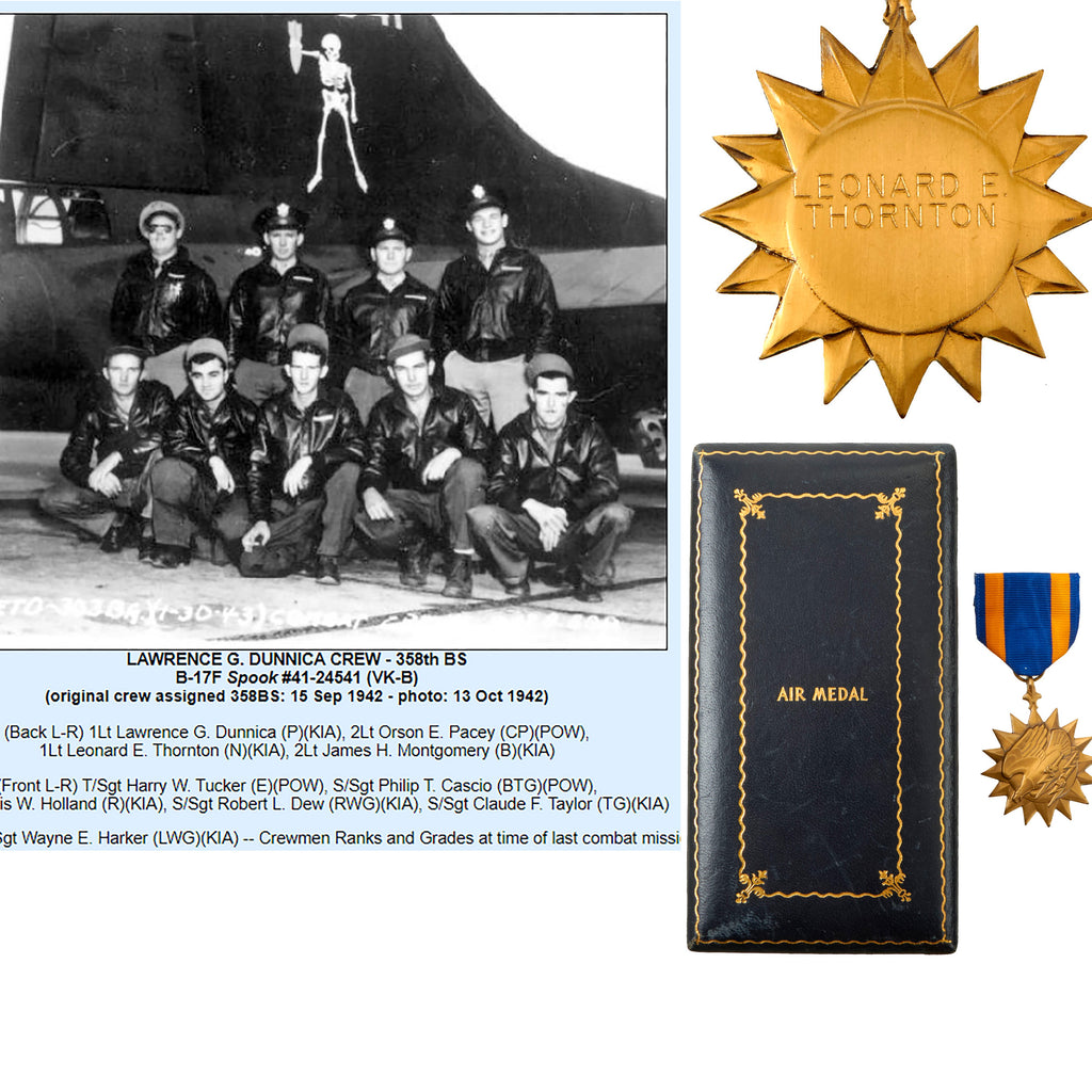 Original U.S. WWII Name Engraved Air Medal With Case For B-17 “Spook” Navigator Lieutenant Leonard Thornton (M.I.A./K.I.A.), 358th Bombardment Squadron, 303rd Bombardment Group (Heavy) Original Items