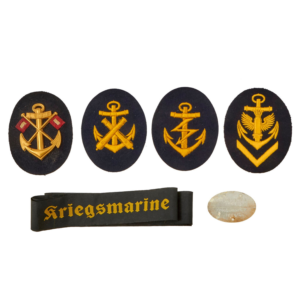 Original German WWII Kriegsmarine Ratings Badges with Dog Tag and Cap Tally Grouping - 6 Items Original Items