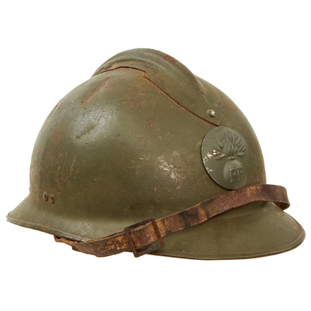 Original French WWII M1926 Adrian Helmet with Chinstrap - Olive Green Original Items