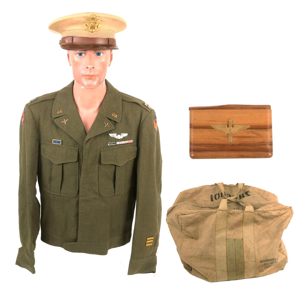 Original U.S. WWII 8th Air Force Pilot Uniform & Visor with Reissued Aviator Kit Bag Named to B-17 Waist Gunner & Armored Engineer Original Items