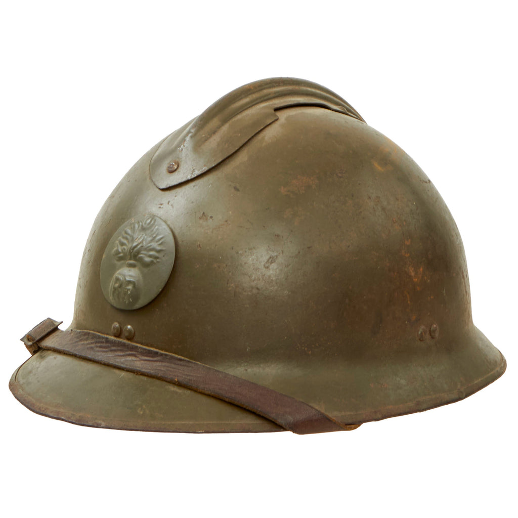 Original French WWII Model 1926 Adrian Infantry Helmet with Liner & Chinstrap - Olive Green Original Items
