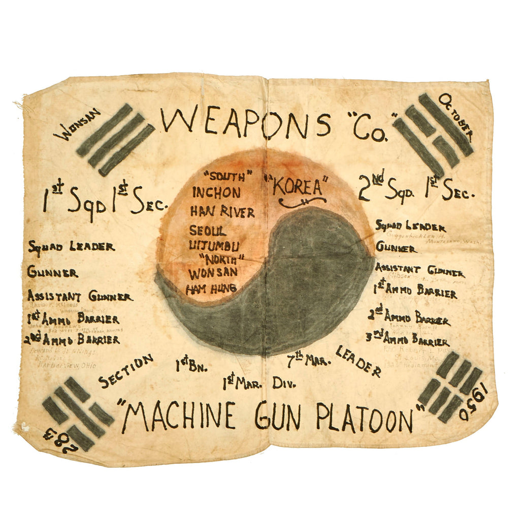 Original U.S. Korean War South Korea Taegukgi Flag Signed by MG Platoon, Weapons Co., 1st Batt., 7th Marine Regt. - Dated 1950 & Presented To The Section Leader - 15" x 20" Original Items