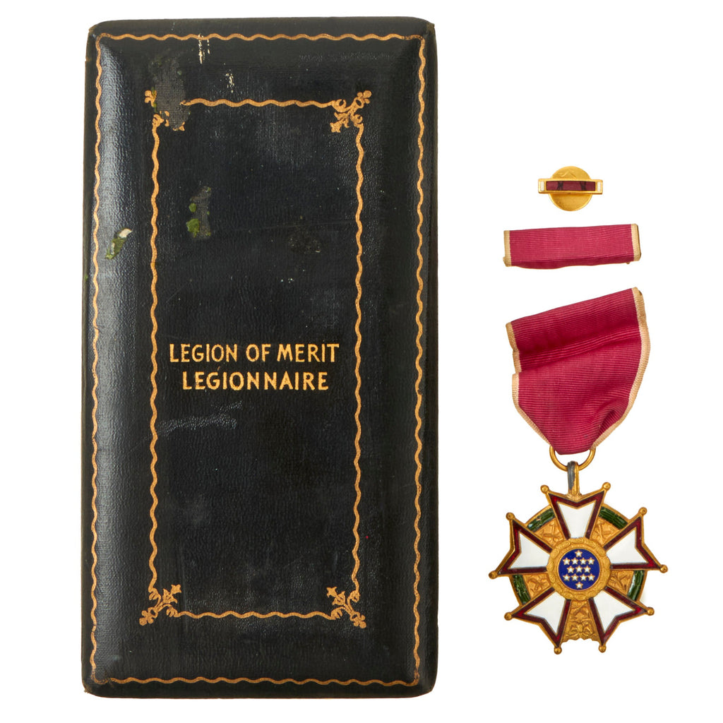 Original U.S. WWII Legion of Merit Legionnaire Degree With Correct 1940’s “Gold Gilt” Full Wrap Brooch with Broken Pin and Lapel Device With Proper Case Original Items