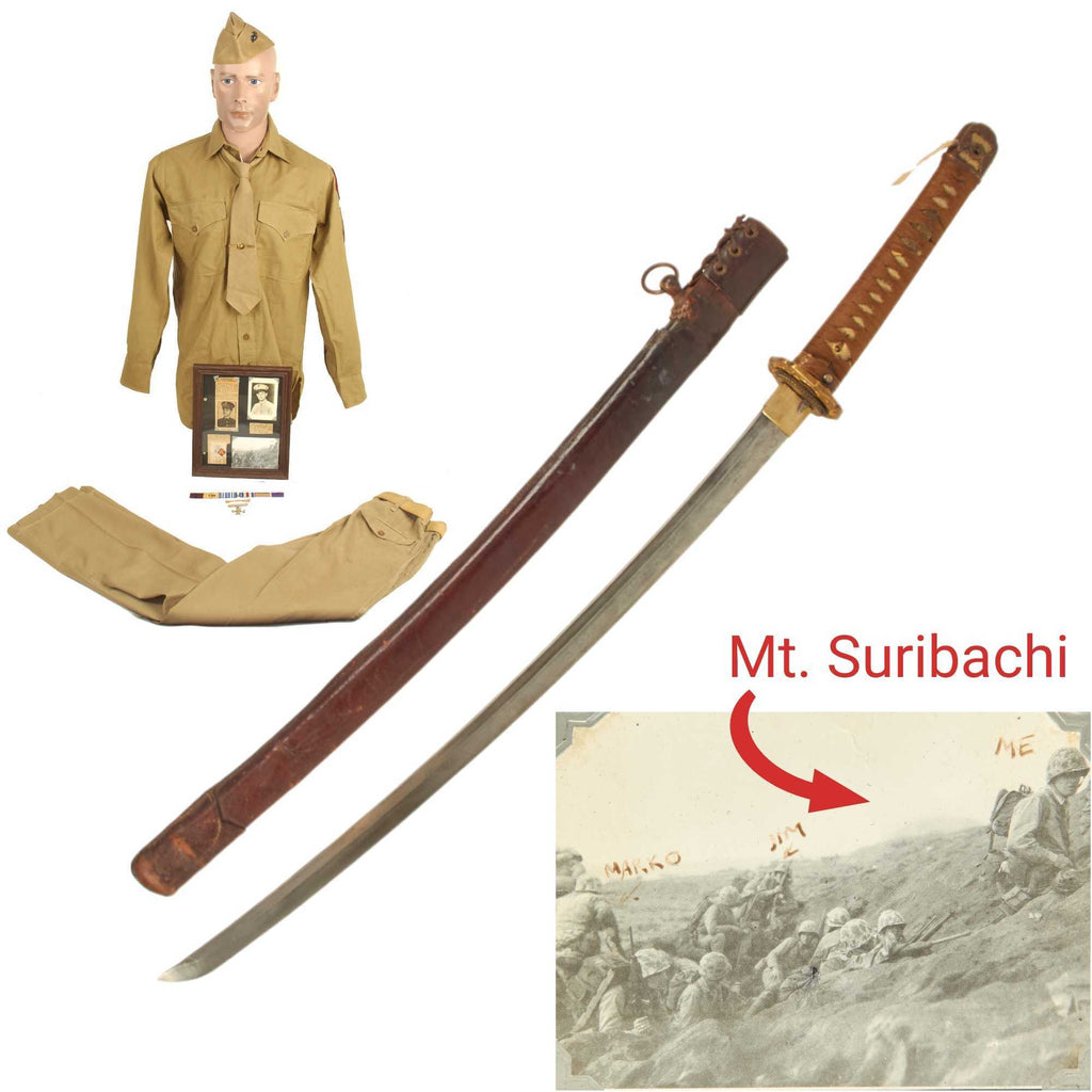 Original U.S. WWII Named 4th Marine Division Uniform Grouping with Japanese Officer Type 98 Katana by HIDETOSHI & Capture Document - Cpl. George Appleton, Wounded At Iwo Jima Original Items
