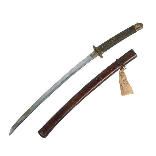 Original Japanese WWII Type 98 Shin-Gunto Wakizashi Sword with Edo Period Handmade Blade by KANENORI, Capture Tag & Scabbard Original Items