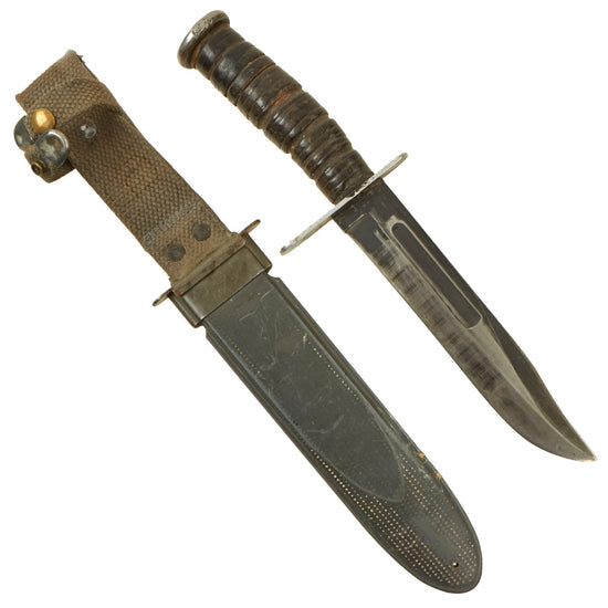 Original U.S. WWII Late War Soldier-Modified Navy Mark 2 KA-BAR Fighting Knife with Longer Crossguard & Shifted Hilt in U.S.N. MK2 Scabbard Original Items