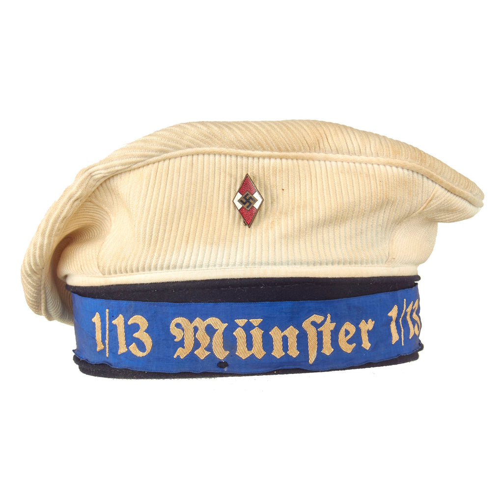 Original German WWII Naval HJ Marine Tellermütze "Donald Duck" Cap by Aug. Geiger with White Corduroy Top & 1/13 Münster Tally Original Items