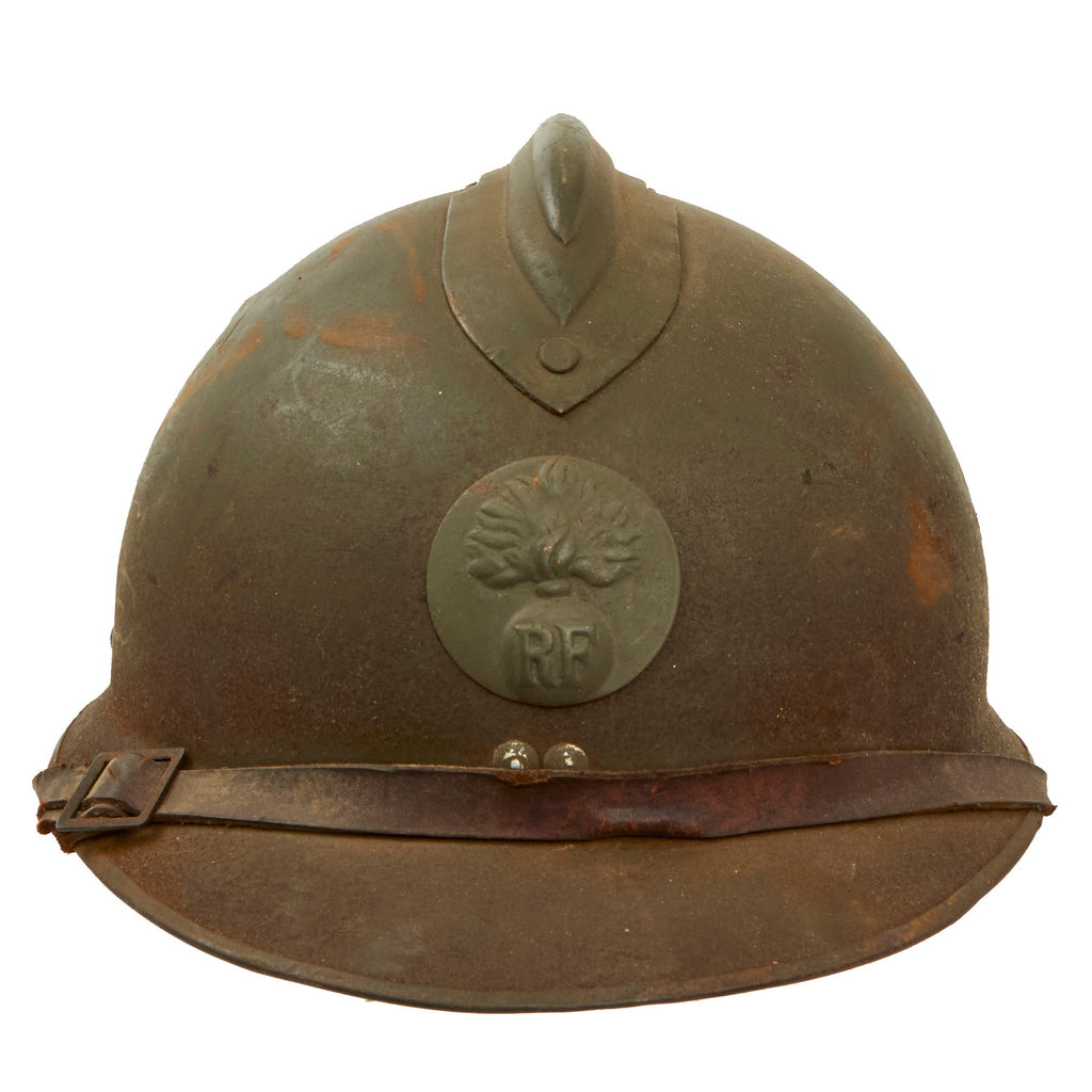 Original French WWII M1926 Adrian Helmet with Chinstrap - Olive Green Original Items