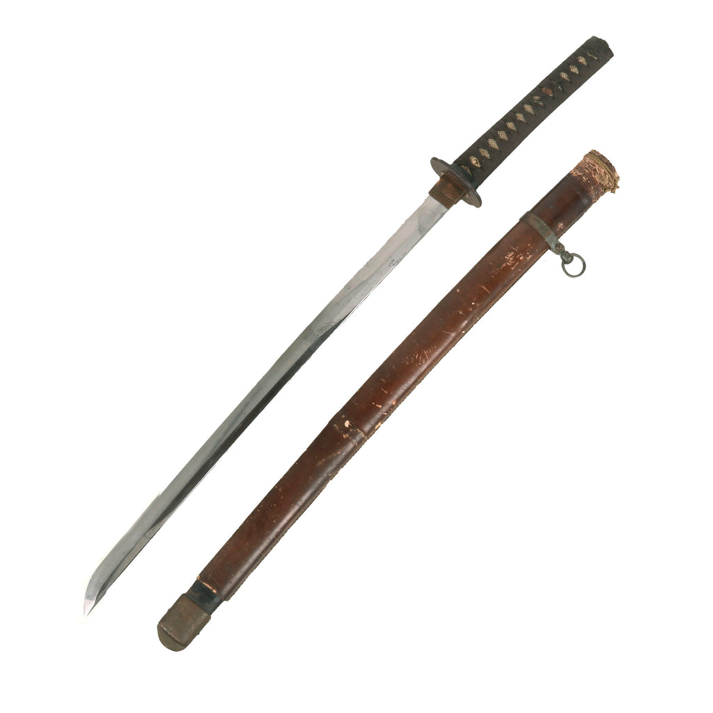 Original WWII Reissued Japanese Early Edo Period Ō-Wakizashi Short Sword with False Attribution to TADAYOSHI in Leather Covered Scabbard Original Items