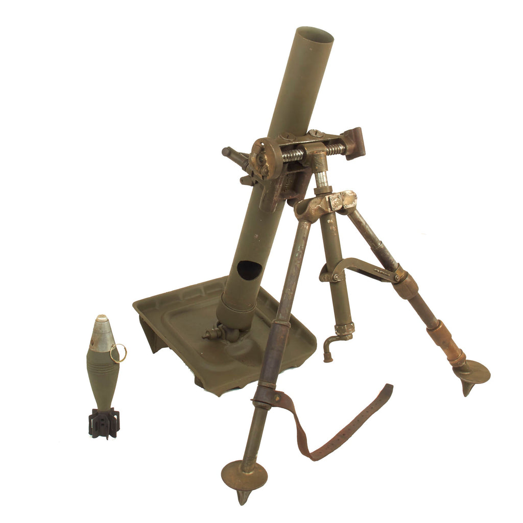 Original U.S. WWII M2 60mm Display Mortar System with Early Exposed Gear M2 Bipod & Inert Round - Dated 1944 & 1941 Original Items