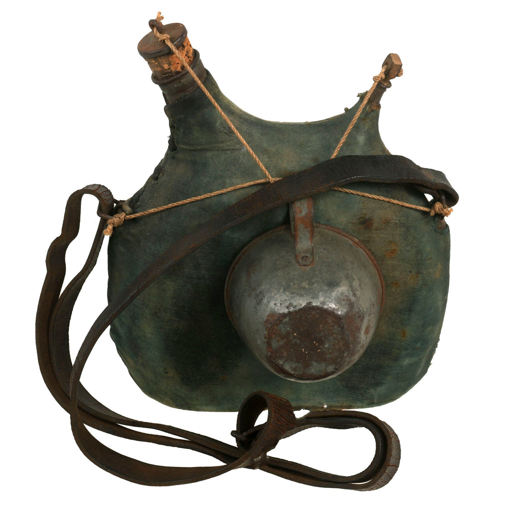 Original French WWI Model 1877 Canteen with Cover in Horizon Blue with Shoulder Strap and Tin Cup - Untouched Original Items