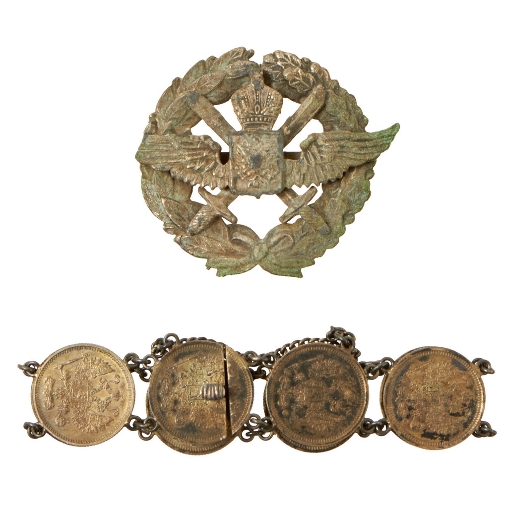 Original Imperial Russian WWI Ground Dug Pilot’s Badge & Sweetheart Bracelet Made from Russian Coins Original Items