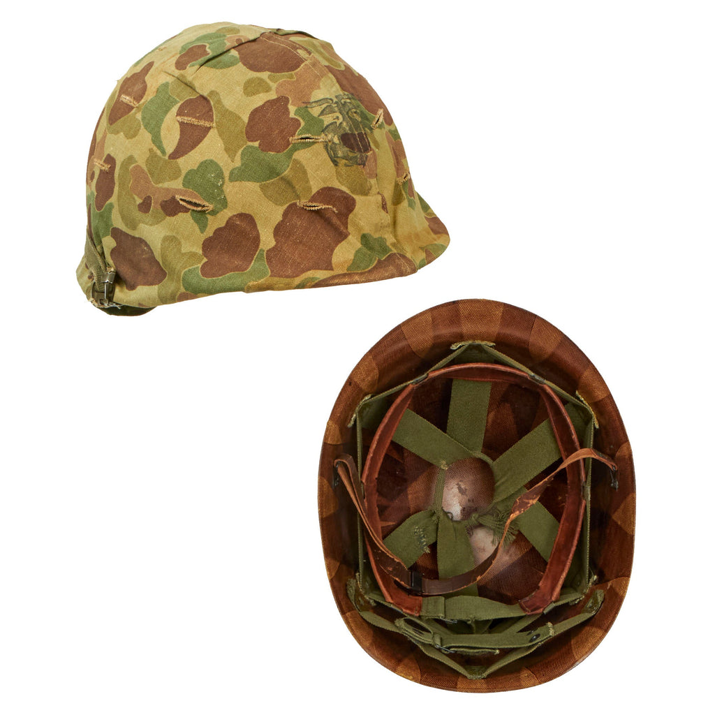 Original U.S. Korean War USMC M1 Helmet with Westinghouse / CAPAC Liner and Blue Anchor 1953 USMC Cover With Stenciled Eagle, Globe and Anchor - Complete Original Items