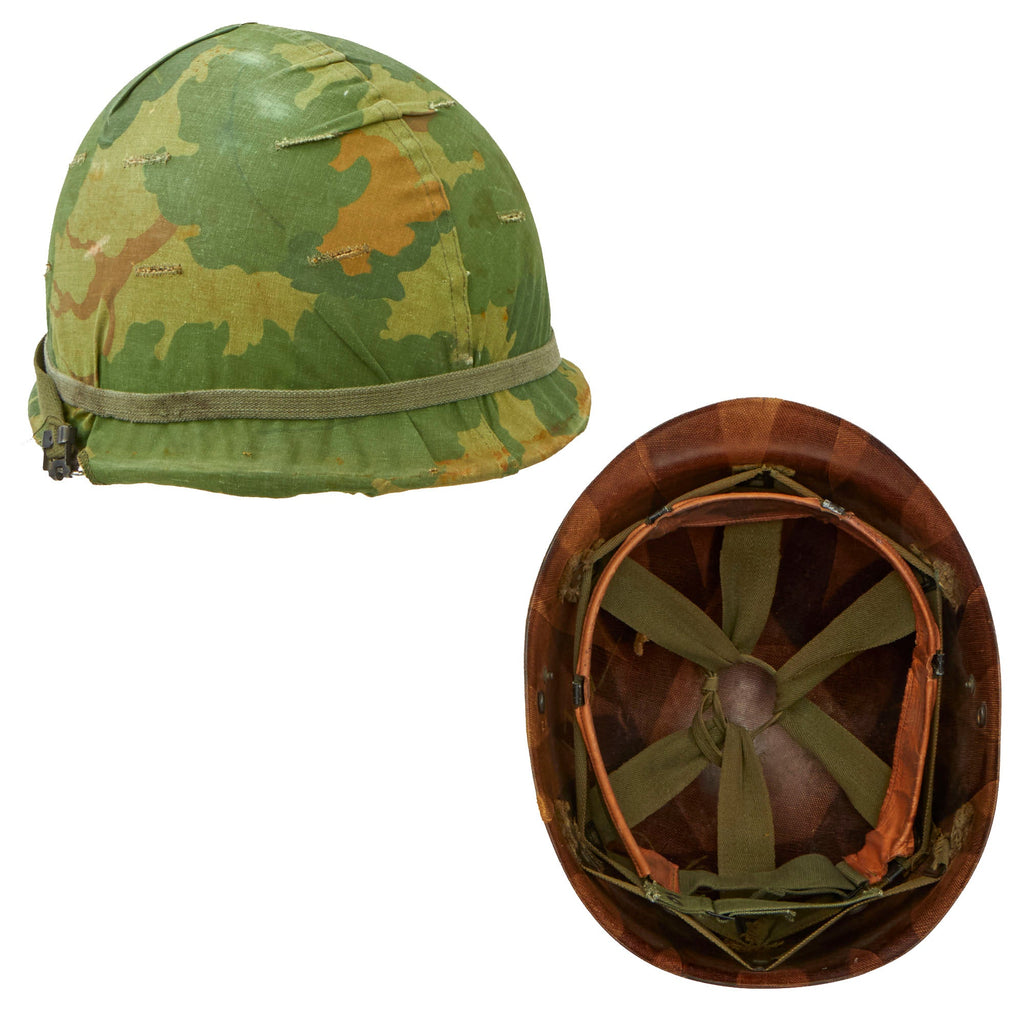 Original U.S. Vietnam WWII Reissue M1 Helmet with Reversible Camouflage Cover Korean War Liner and Insect Headnet Original Items