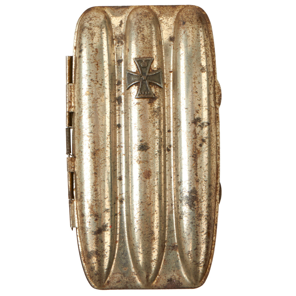 Original Imperial German WWI U.S. Captured Steel Cigar Case with Mini Iron Cross 1914 Device on Lid Original Items