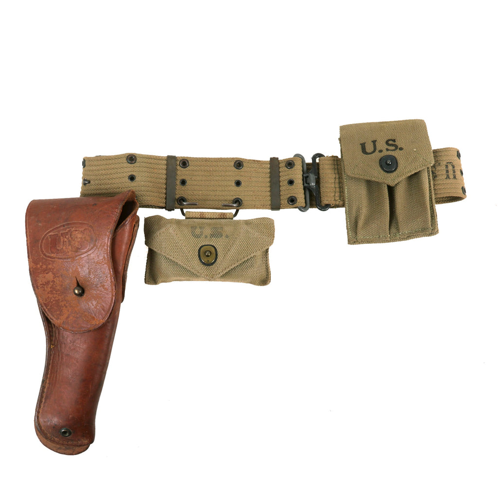 Original U.S. WWII Officer M1936 Pistol Belt, M1911 Holster by Boyt - 1942 Dated First Aid Pouch with Carlisle Bandage Original Items