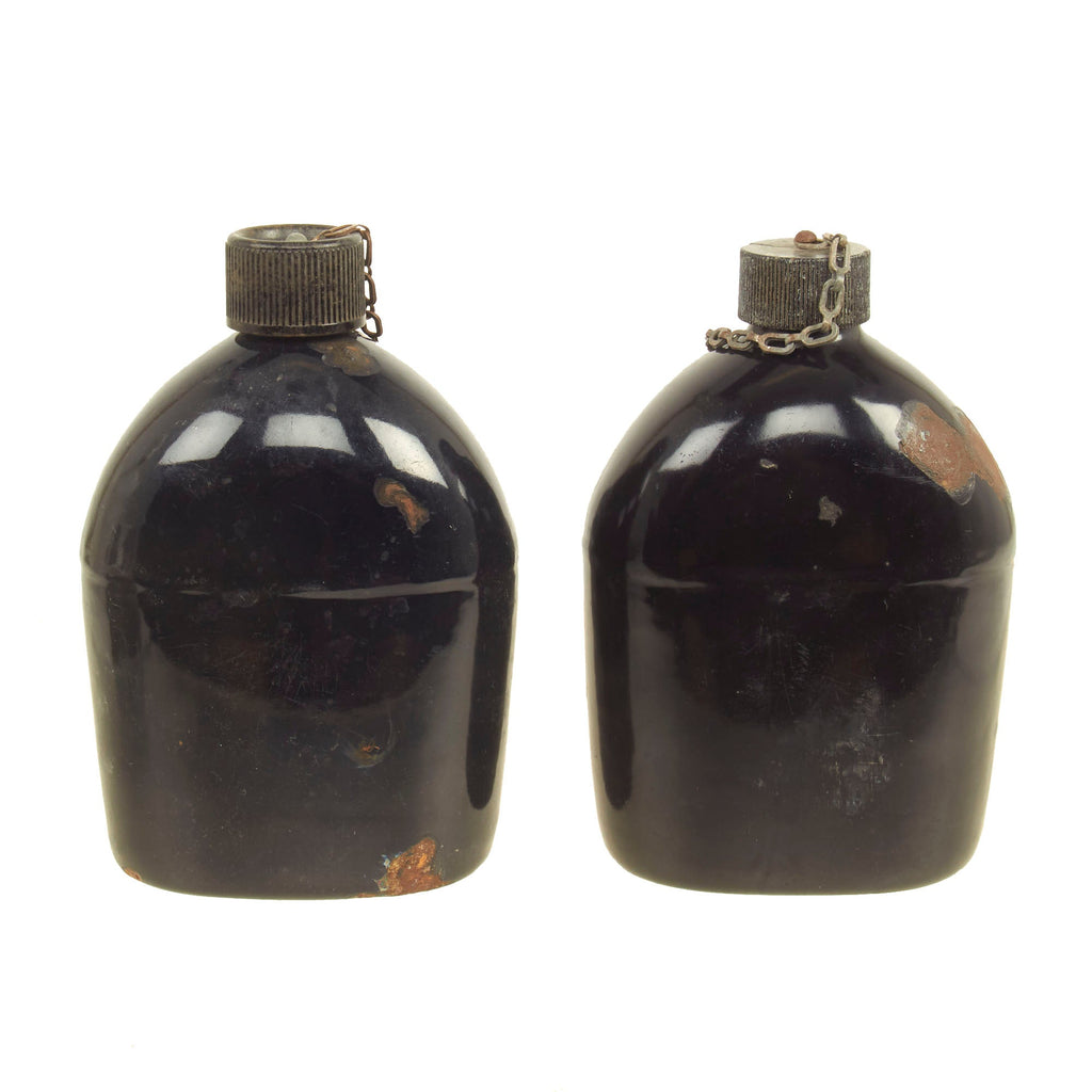 Original U.S. WWII Set of Two Rare M1942 Black Porcelain Enamel Canteens - Both Dated 1942 Original Items