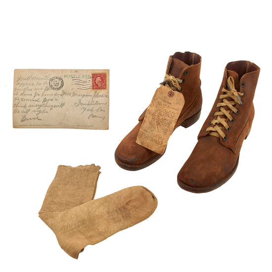 Original U.S. WWI Unissued M1917 Trench “Pershing” Boots With Original Factory Tag and Included 1918 Dated Socks - Matched Size 8 Original Items