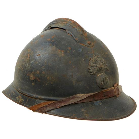 Original French WWI Issue Model 1915 Adrian Helmet in Horizon Blue with RF Badge and Second Pattern Liner - Complete Original Items