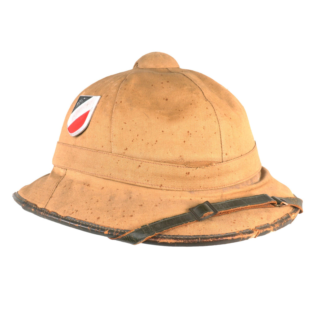 Original German WWII Service Worn First Model DAK Afrikakorps Sun Helmet with Aluminum Badges - Size 55 Original Items