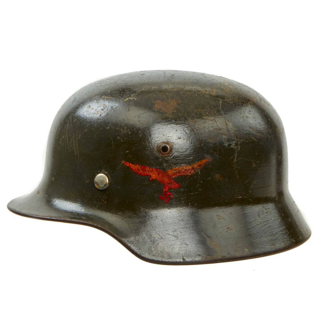 Original German WWII USGI Decorated Battle Damaged Luftwaffe M35 Single Decal "Southern France 1944" Helmet Shell - marked Q68 Original Items