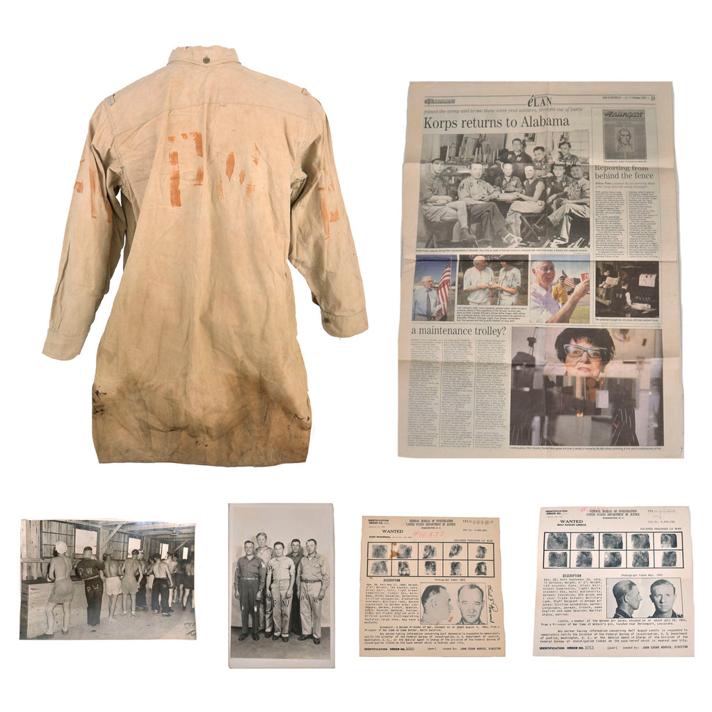 Original German WWII Tropical Shirt with PW Stencils and U.S. German POW Archive including FBI Wanted Posters Original Items