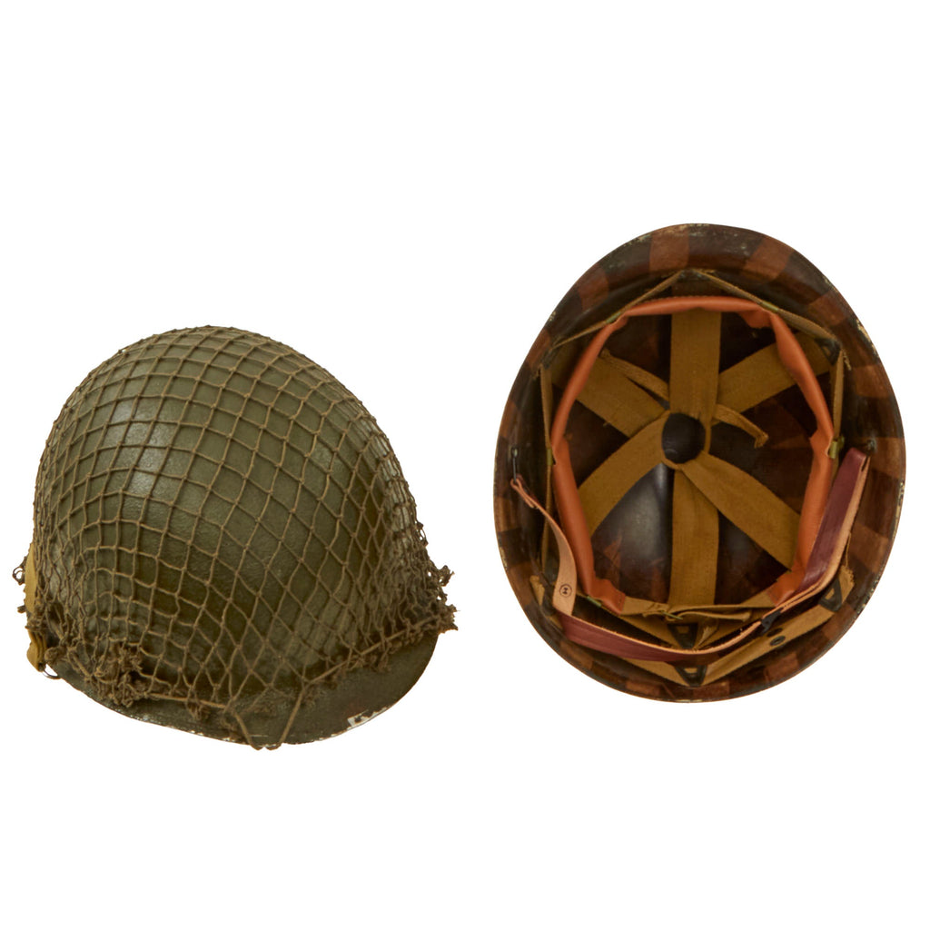 Original U.S. WWII Repainted McCord M1 Front Seam Swivel Bale Helmet with MSA Liner & Helmet Net - Reproduction Sweatband & Liner Chinstrap Original Items