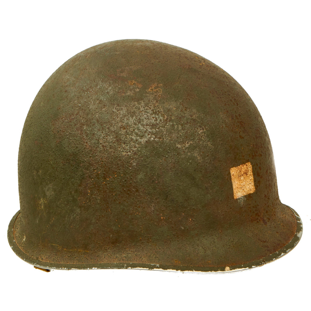 Original U.S. WWII Early 1943 M1 McCord Front Seam Fixed Bale Helmet with Westinghouse Liner - USMC Marine Detachment Shipboard Markings Original Items
